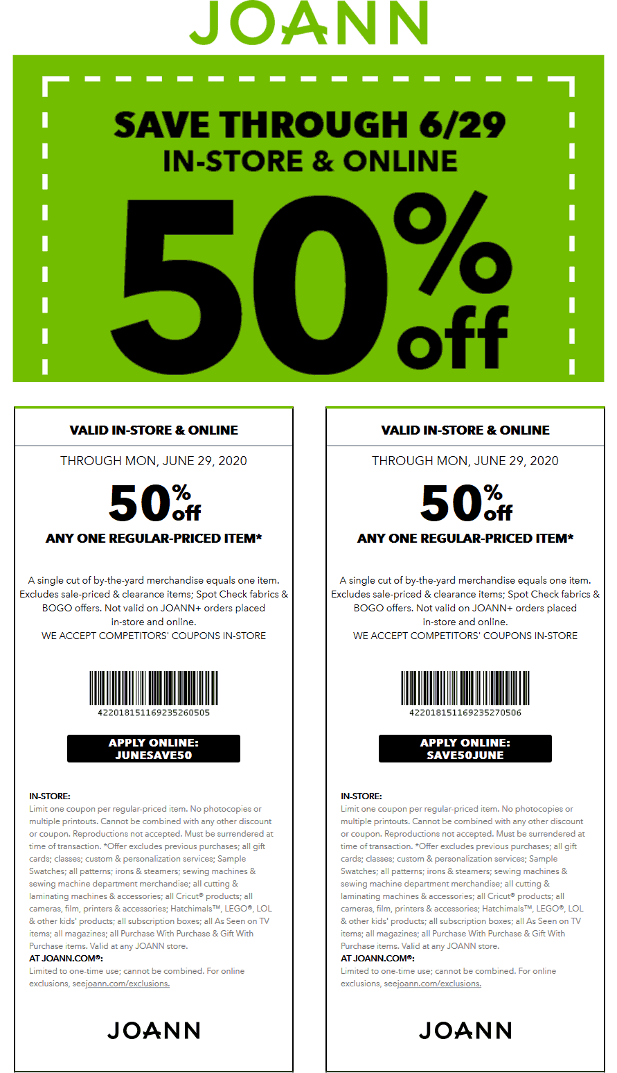Joann stores Coupon  50% off a single item at Joann, or online via promo code JUNESAVE50 #joann