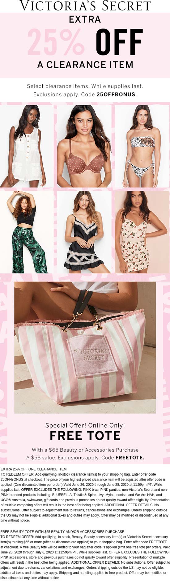 Extra 25 off a clearance item + free tote at Victorias Secret via