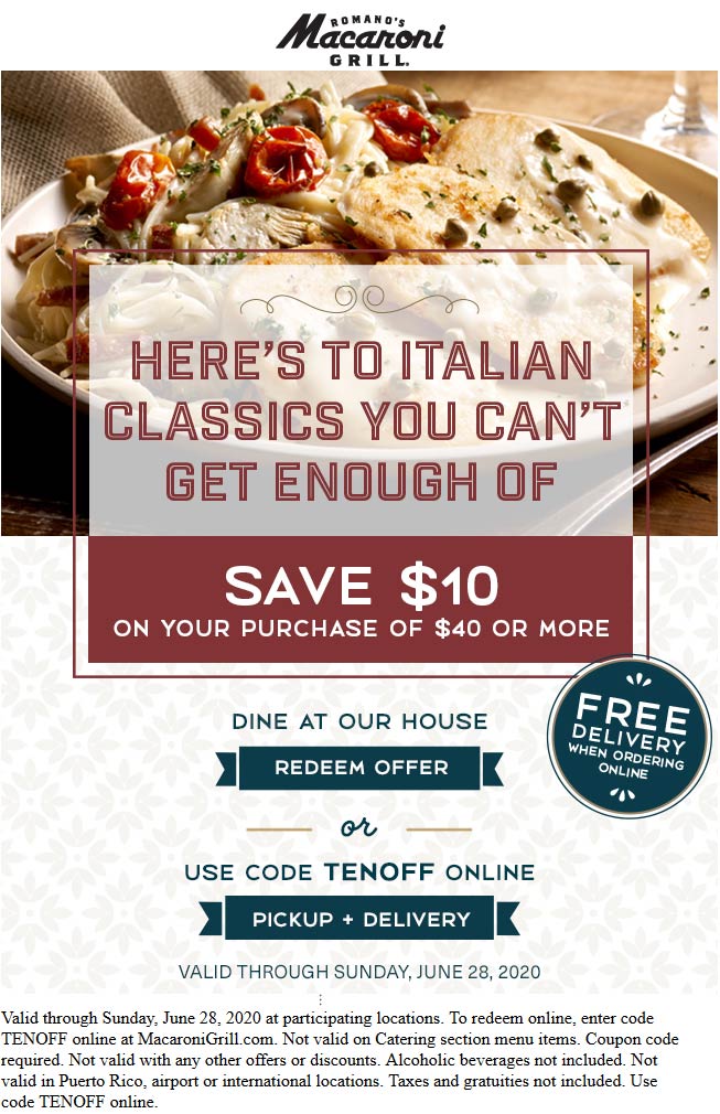 Macaroni Grill restaurants Coupon  $10 off $40 at Macaroni Grill restaurants via promo code TENOFF #macaronigrill