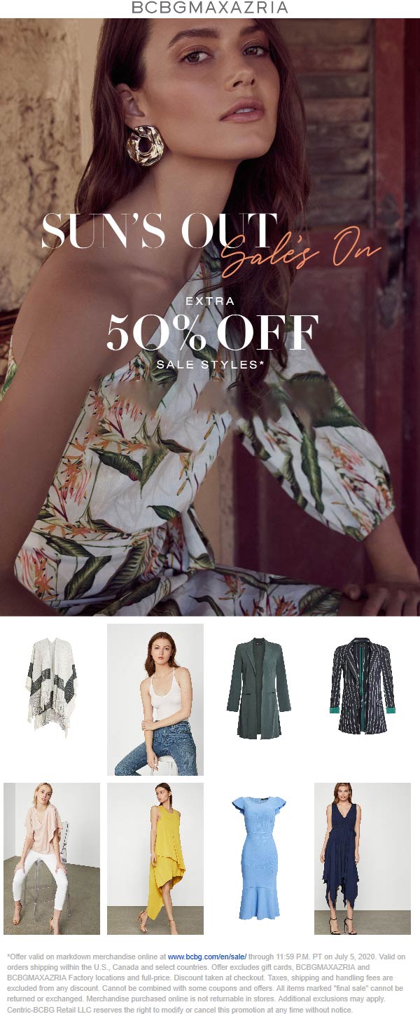 BCBG stores Coupon  Extra 50% off sale items at BCBG #bcbg