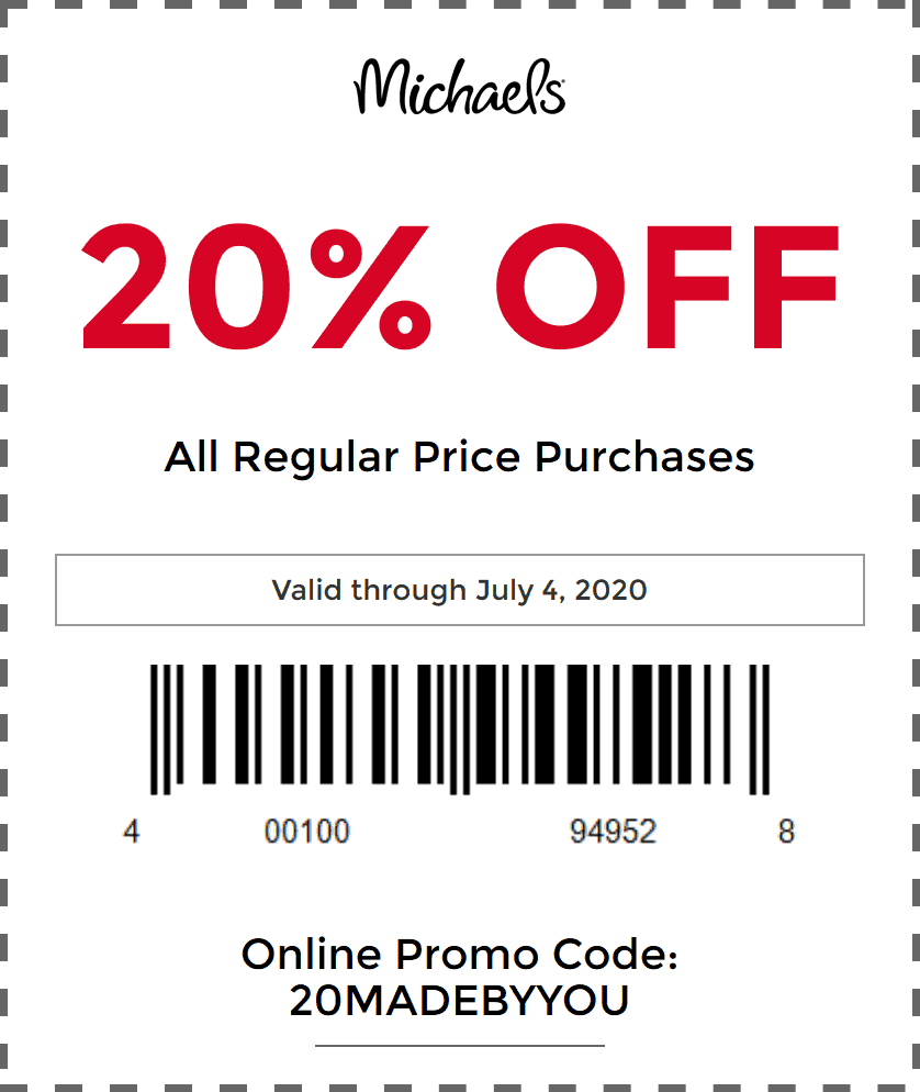 Michaels stores Coupon  20% off at Michaels, or online via promo code 20MADEBYYOU #michaels