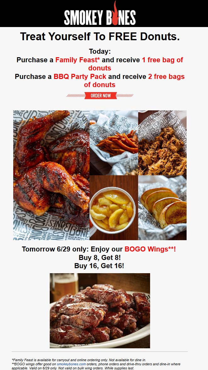 Smokey Bones restaurants Coupon  Free donuts with family feast Sunday or 2nd wings free Monday at Smokey Bones restaurants #smokeybones