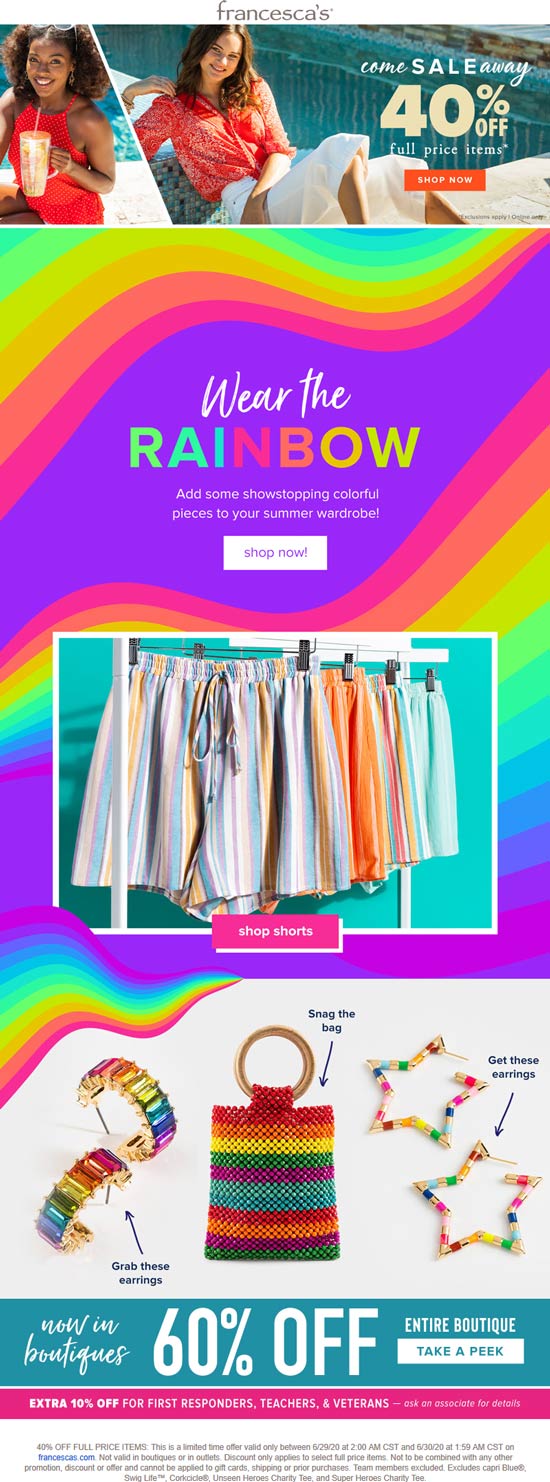 Francescas stores Coupon  40% off today online at Francescas #francescas