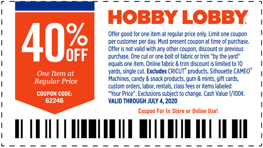 Hobby Lobby stores Coupon  40% off a single item at Hobby Lobby, or online via promo code 62246 #hobbylobby