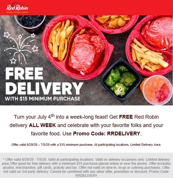 Free delivery at Red Robin restaurants via promo code RRDELIVERY 