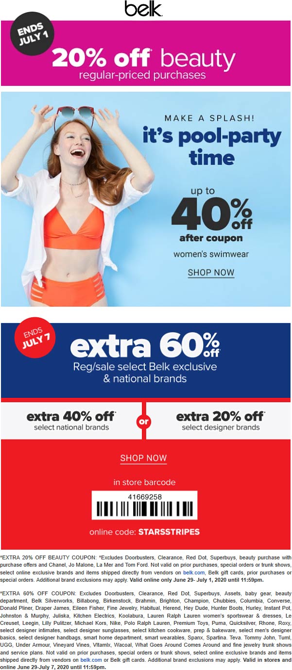 Belk stores Coupon  Extra 60% off at Belk, or online via promo code STARSSTRIPES #belk