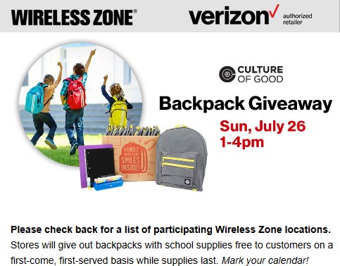 Verizon stores Coupon  Free backpacks + school supplies the 26th at Verizon Wireless Zone #verizon