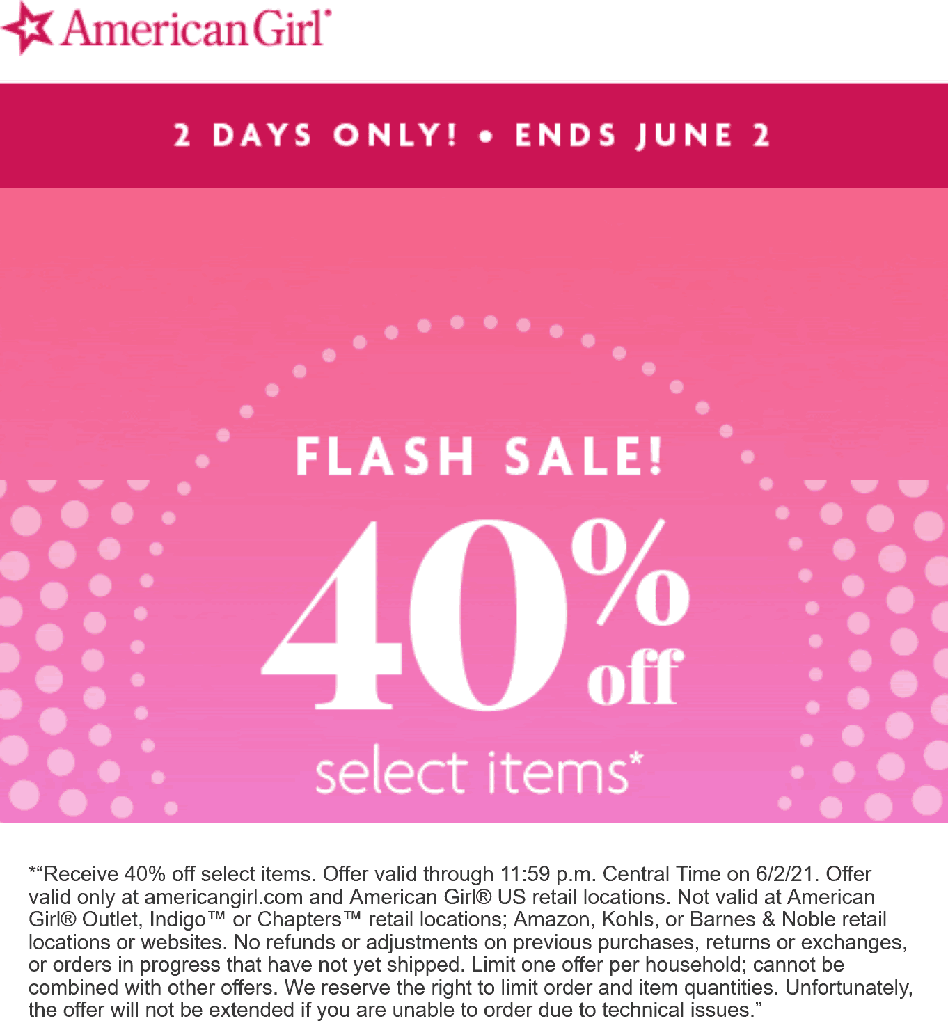 American Girl stores Coupon  40% off various items at American Girl doll stores #americangirl 