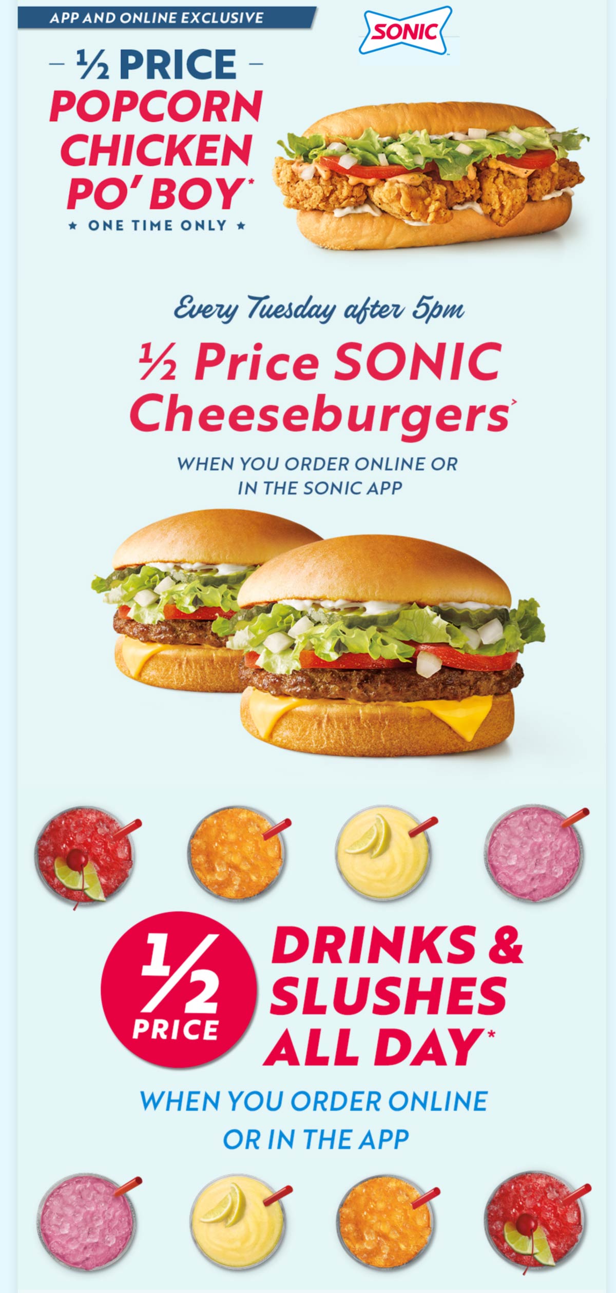 Sonic Drive-In restaurants Coupon  50% off po boy sandwich & on Tuesdays cheeseburgers after 5p at Sonic Drive-In #sonicdrivein 