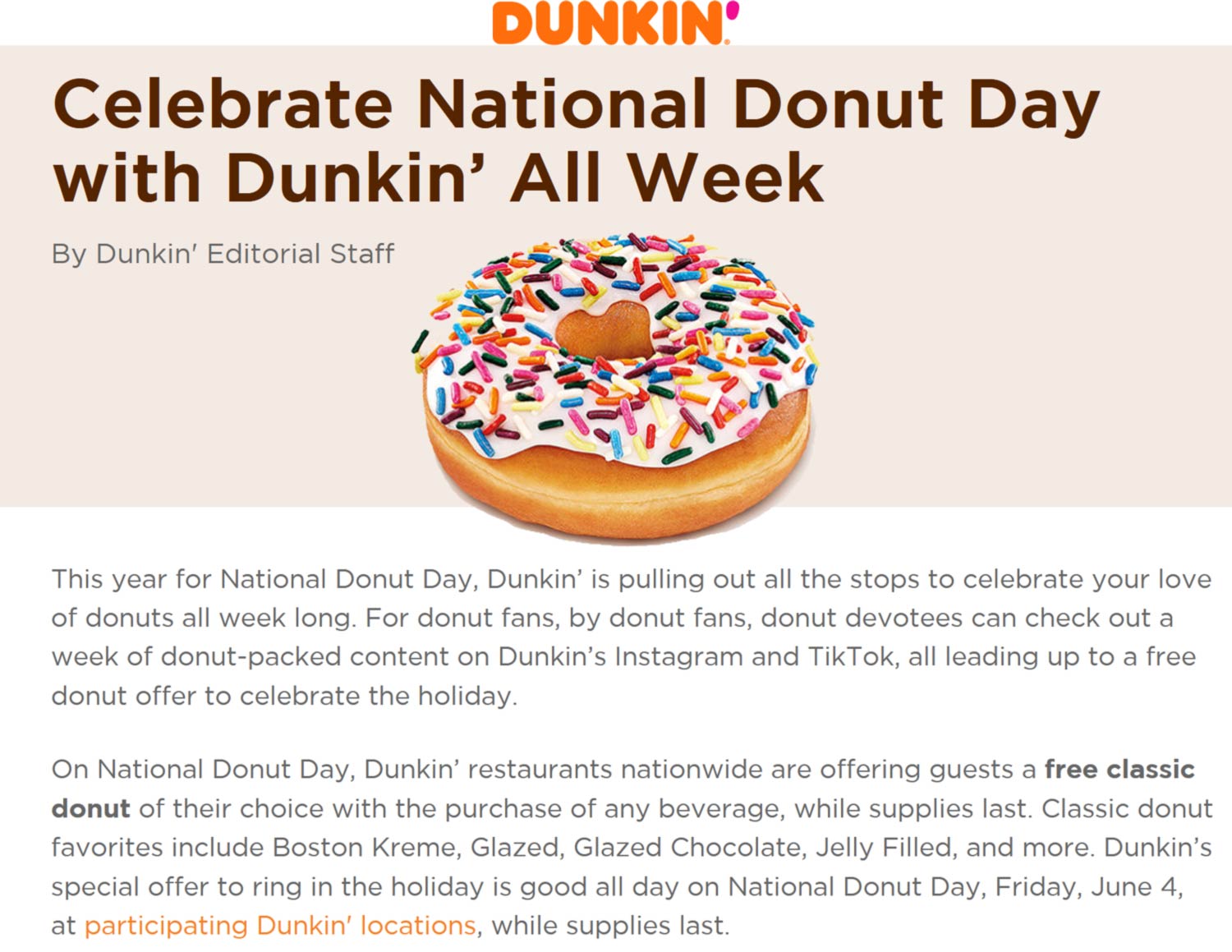 Free doughnut with your beverage Friday at Dunkin Donuts dunkin The