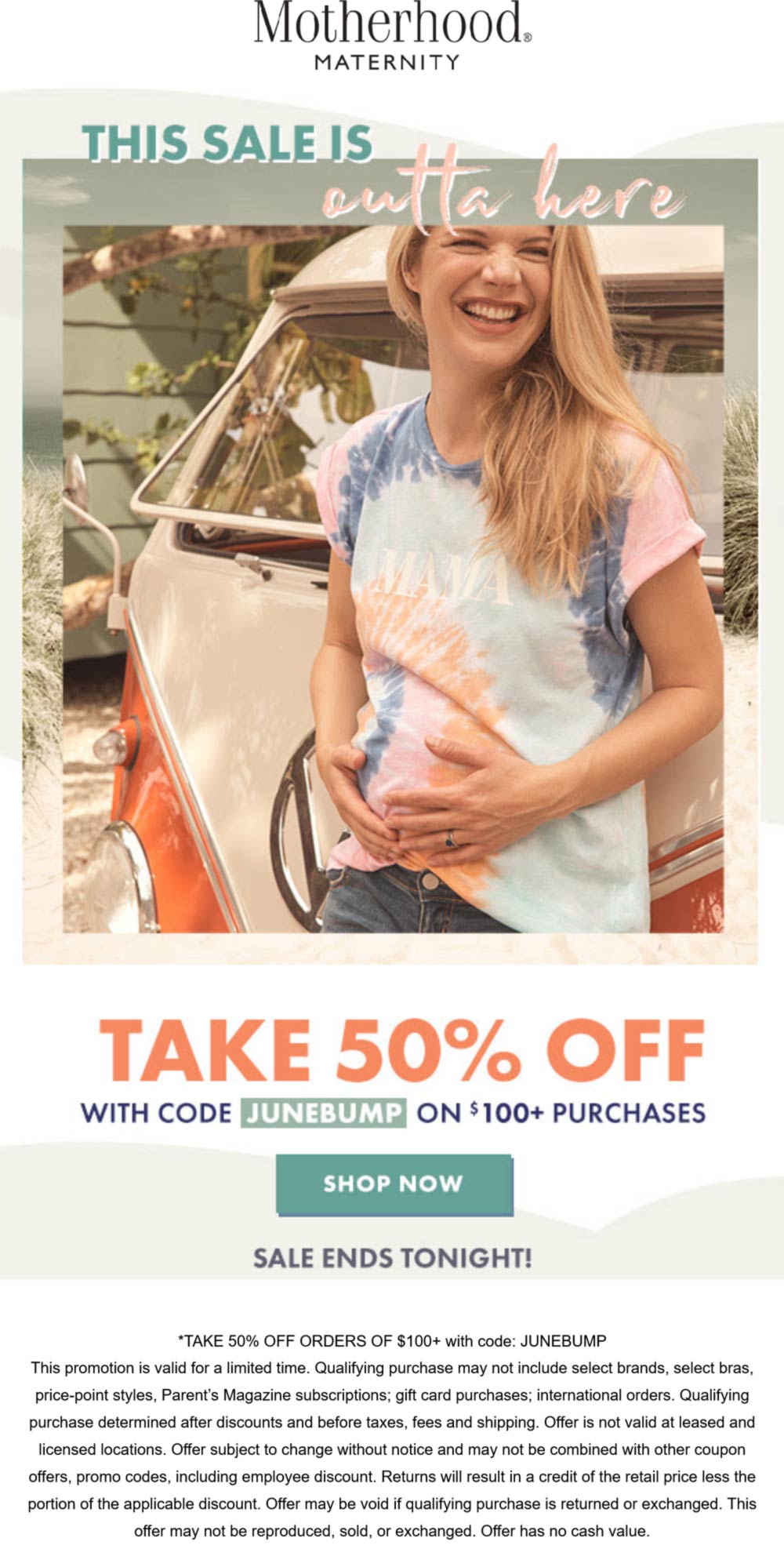 Motherhood Maternity stores Coupon  50% off $100 today at Motherhood Maternity via promo code JUNEBUMP #motherhoodmaternity 