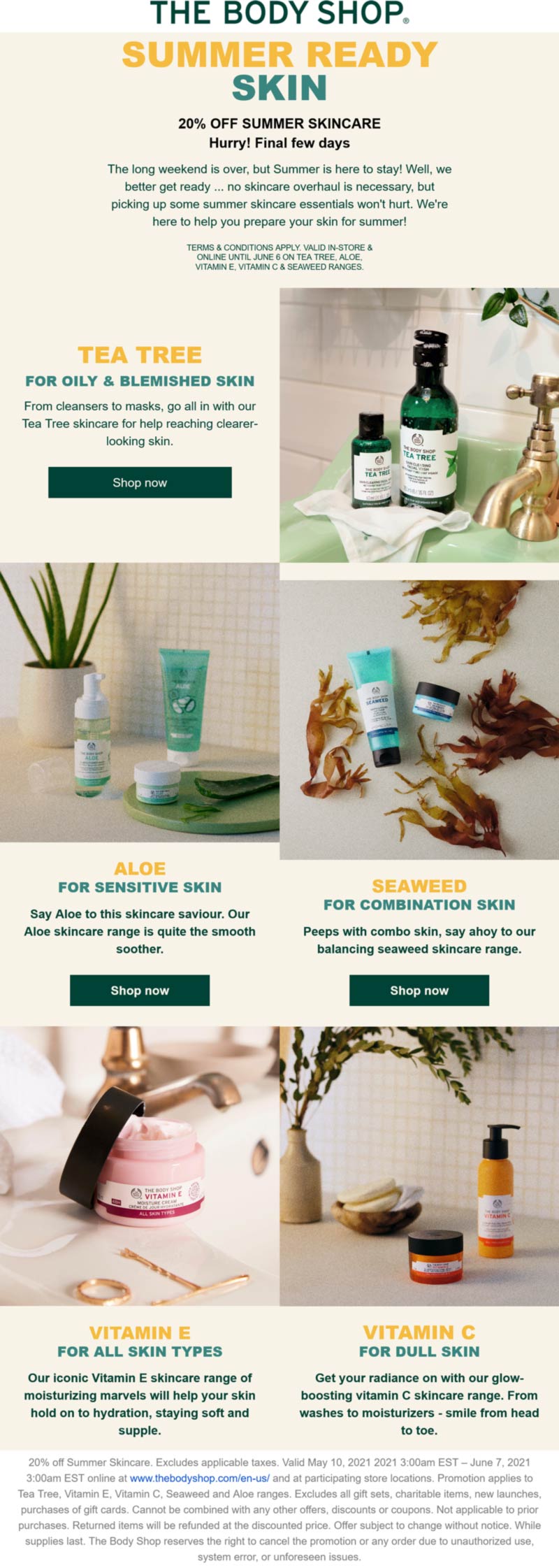 20 off Summer skincare at The Body Shop, ditto online