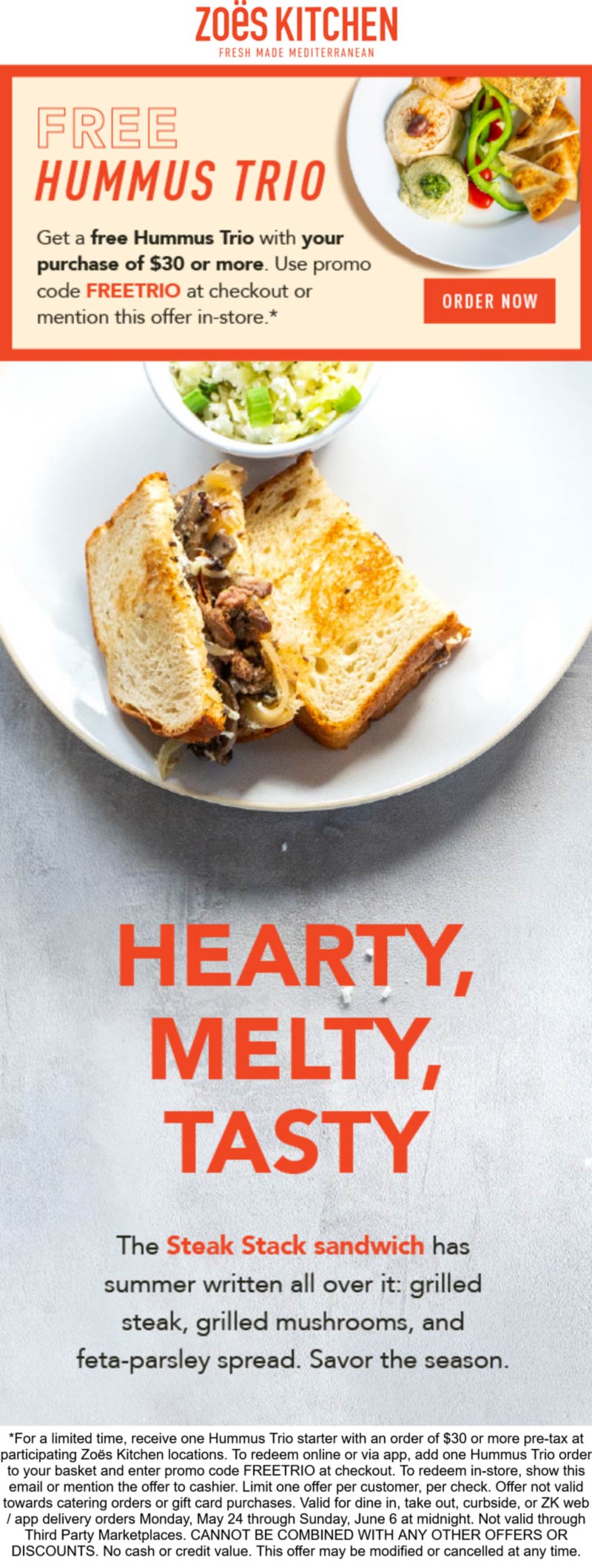 Free hummus trio with 30 spent at Zoes Kitchen mediterranean