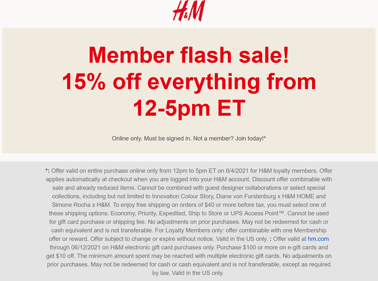 H&M stores Coupon  15% off online til 5p today at H&M #hm 