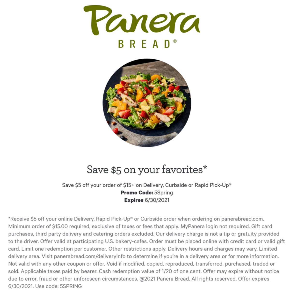 Panera Bread restaurants Coupon  $5 off $15 at Panera Bread restaurants via promo code 5SPRING #panerabread 