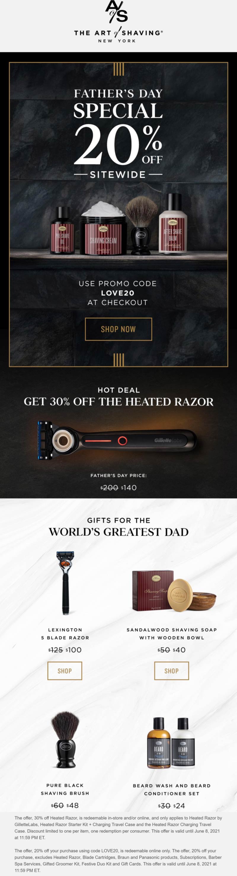 The Art of Shaving stores Coupon  20% off everything online at The Art of Shaving via promo code LOVE20 #theartofshaving 