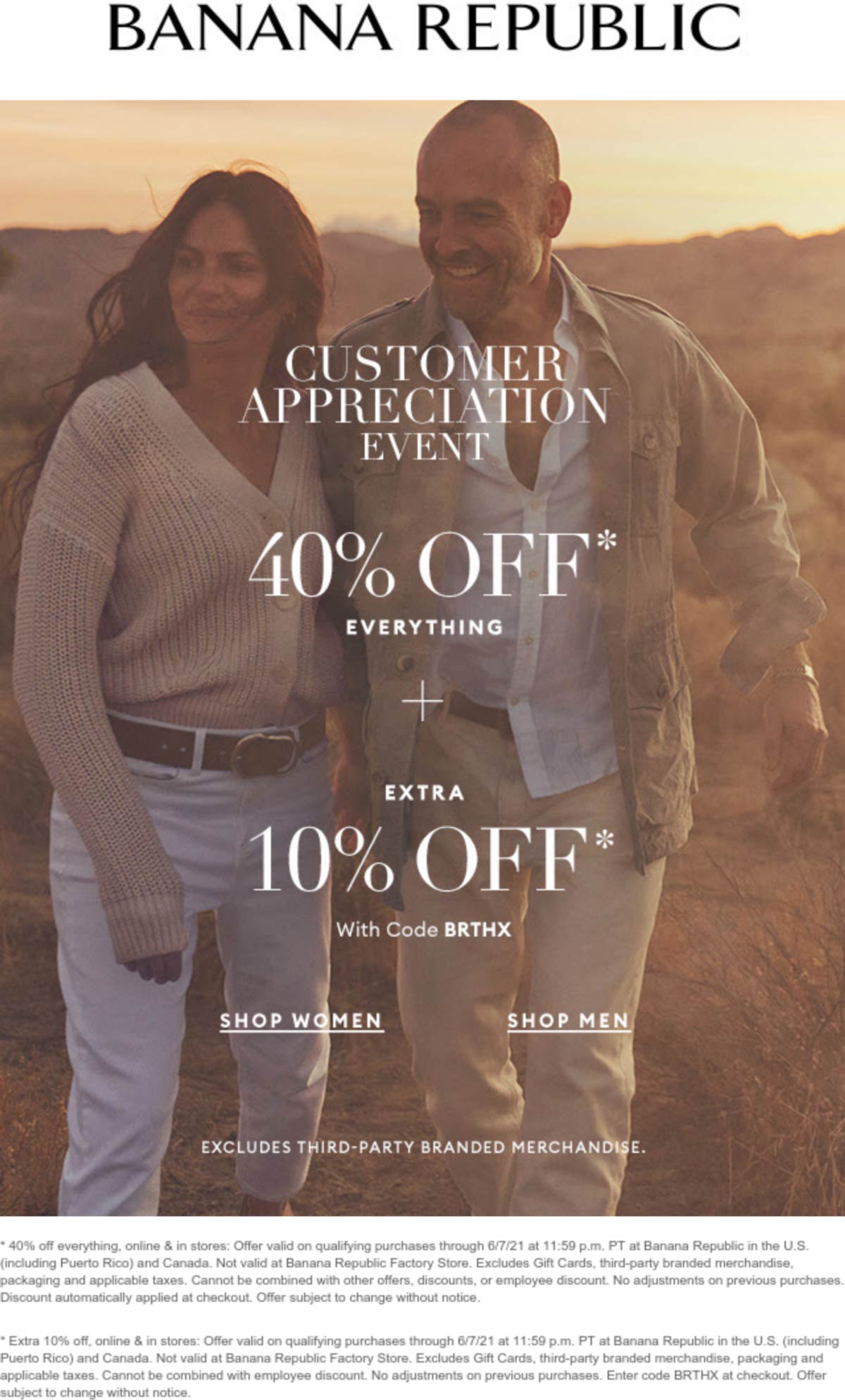 50 off everything at Banana Republic, or online via promo code BRTHX 