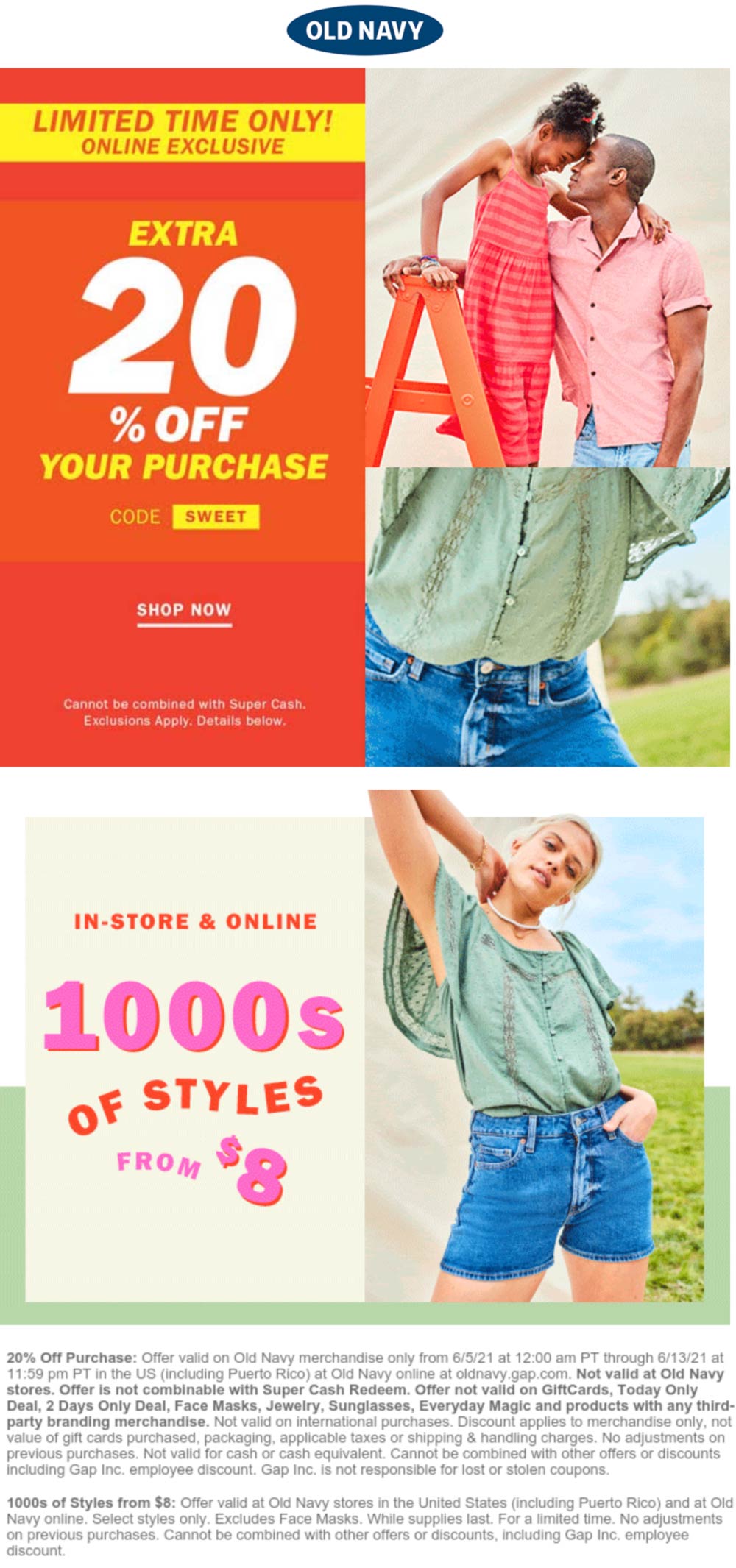 Old Navy stores Coupon  20% off online at Old Navy via promo code SWEET #oldnavy 