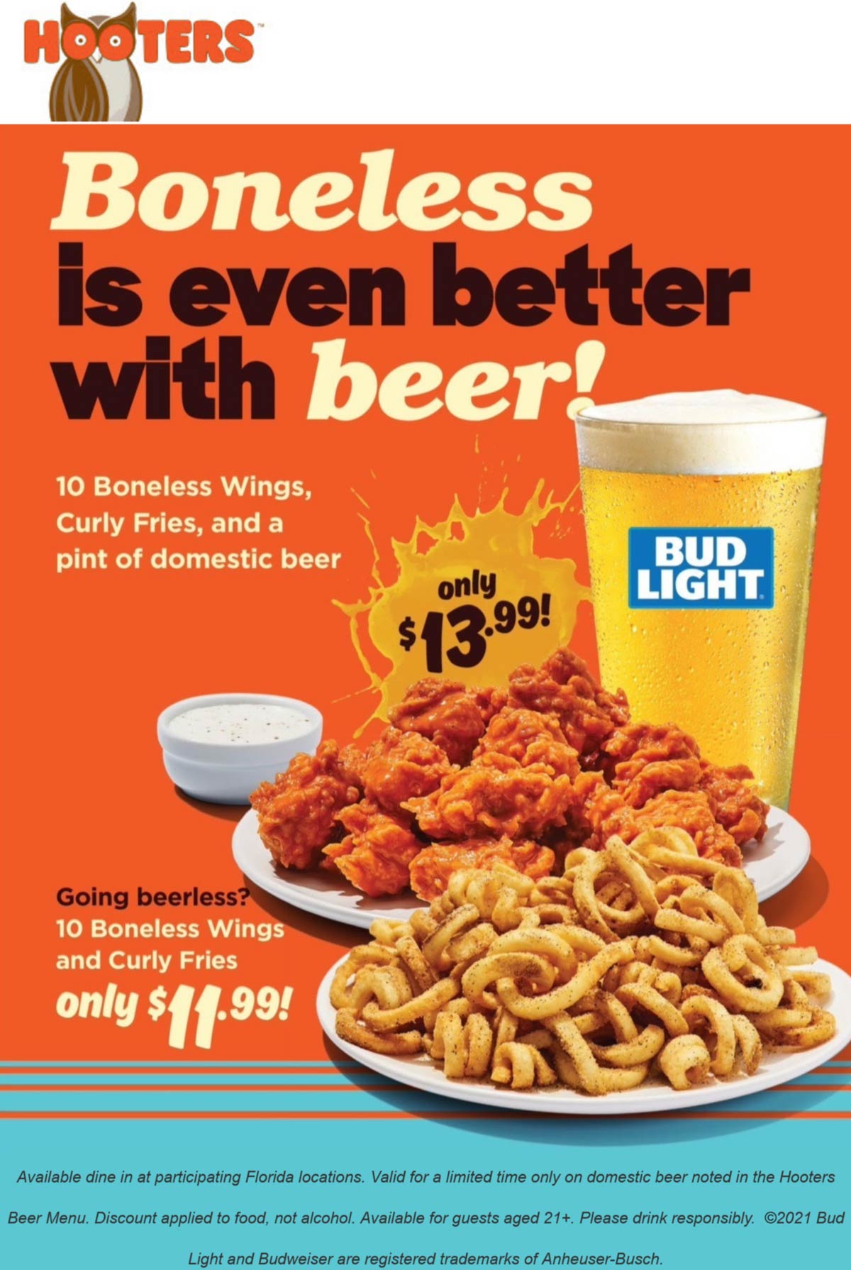 Hooters restaurants Coupon  Boneless wings + curly fries + beer = $14 at Hooters restaurants #hooters 