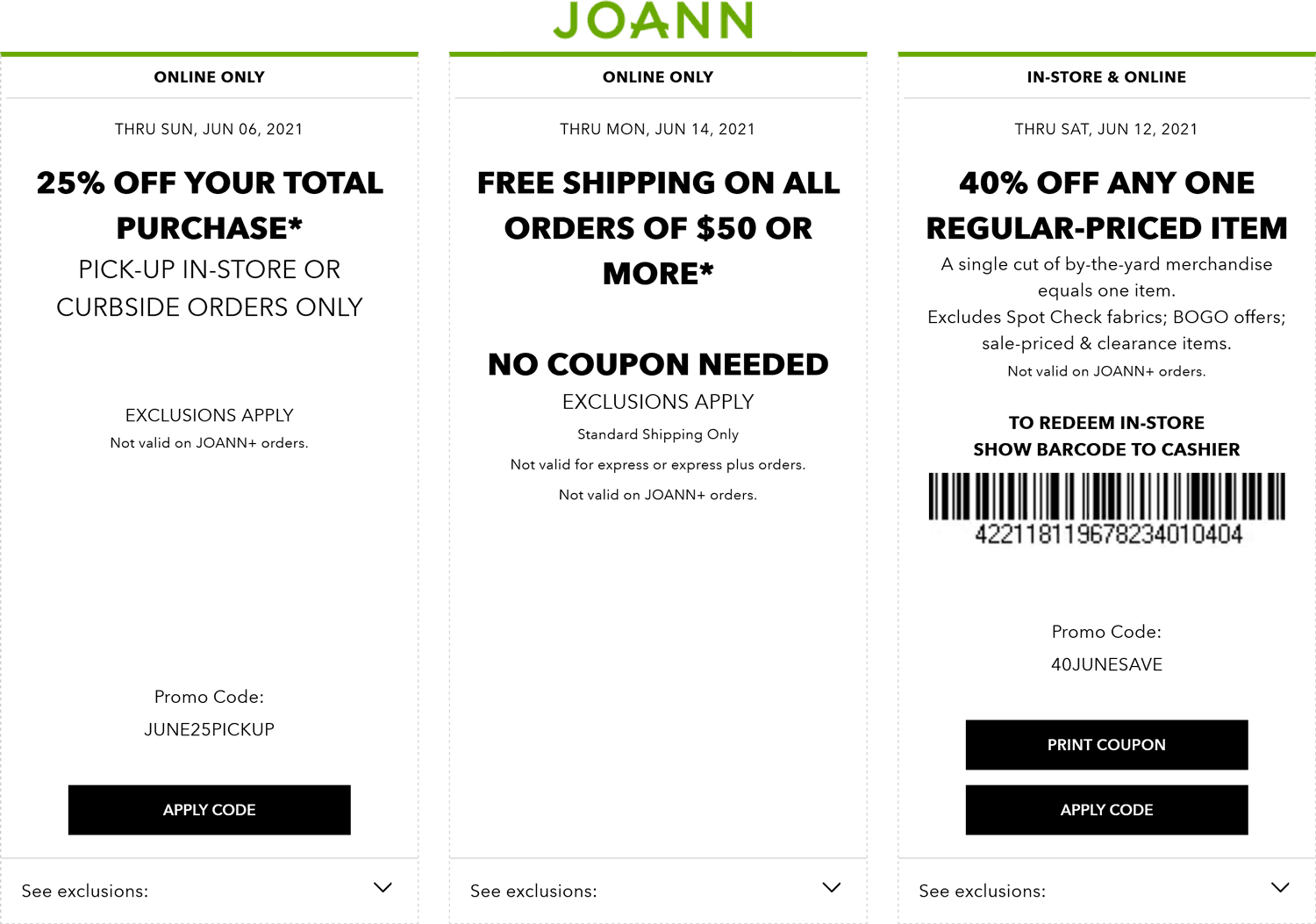 Joann stores Coupon  40% off a single item at Joann, or online via promo code 40JUNESAVE #joann 