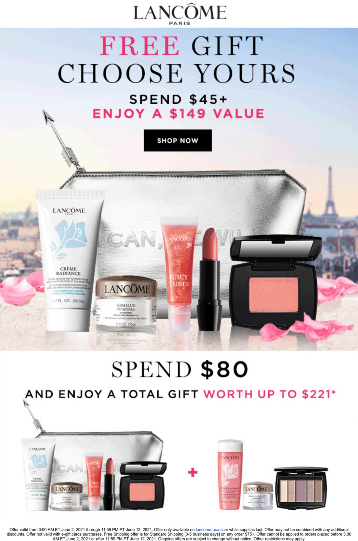 Lancome stores Coupon  6 or 9pc $220 kit free with $45+ spent online at Lancome cosmetics #lancome 