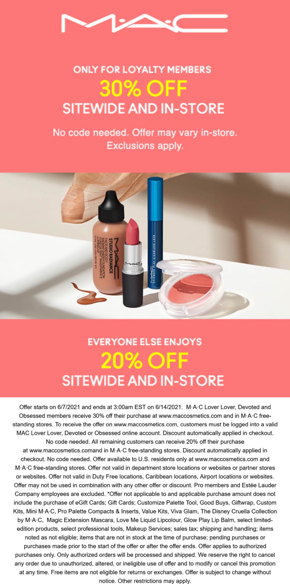 MAC stores Coupon  20-30% off everything at MAC cosmetics, ditto online #mac 