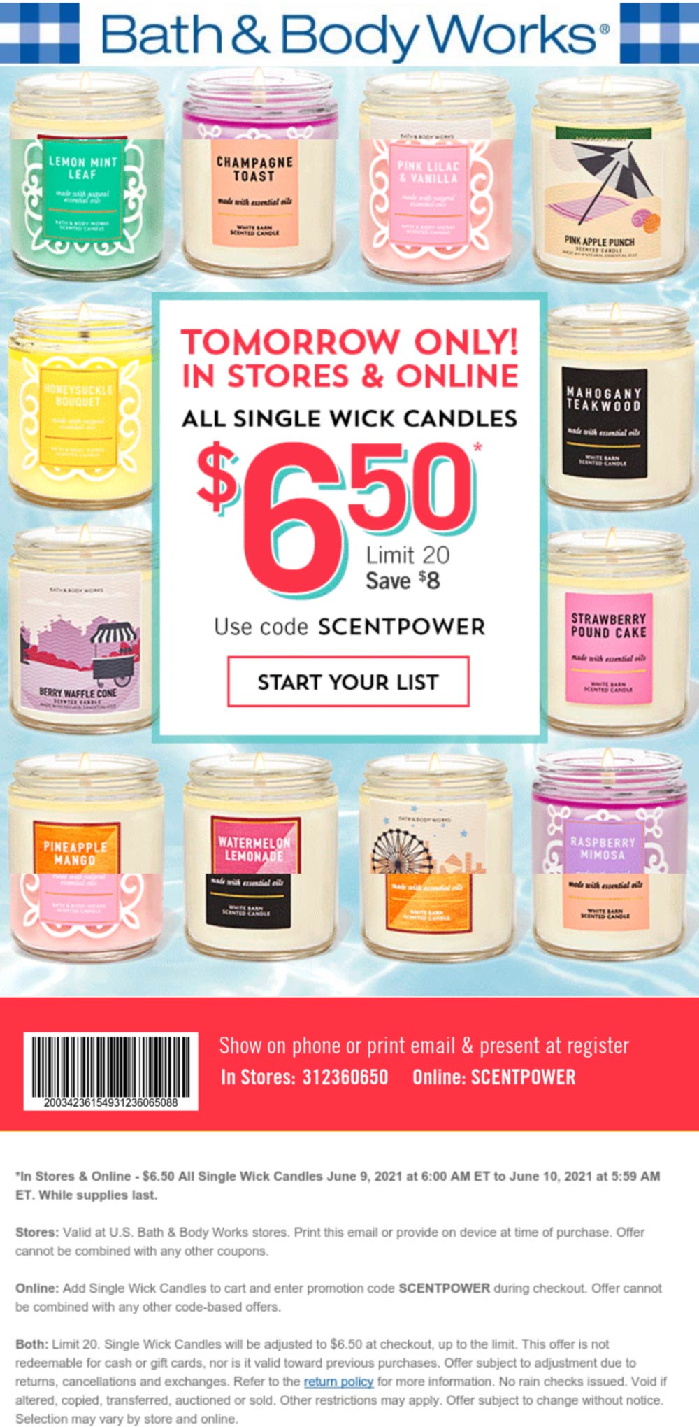 Bath & Body Works stores Coupon  53% off candles today at Bath & Body Works, or online via promo code SCENTPOWER #bathbodyworks 