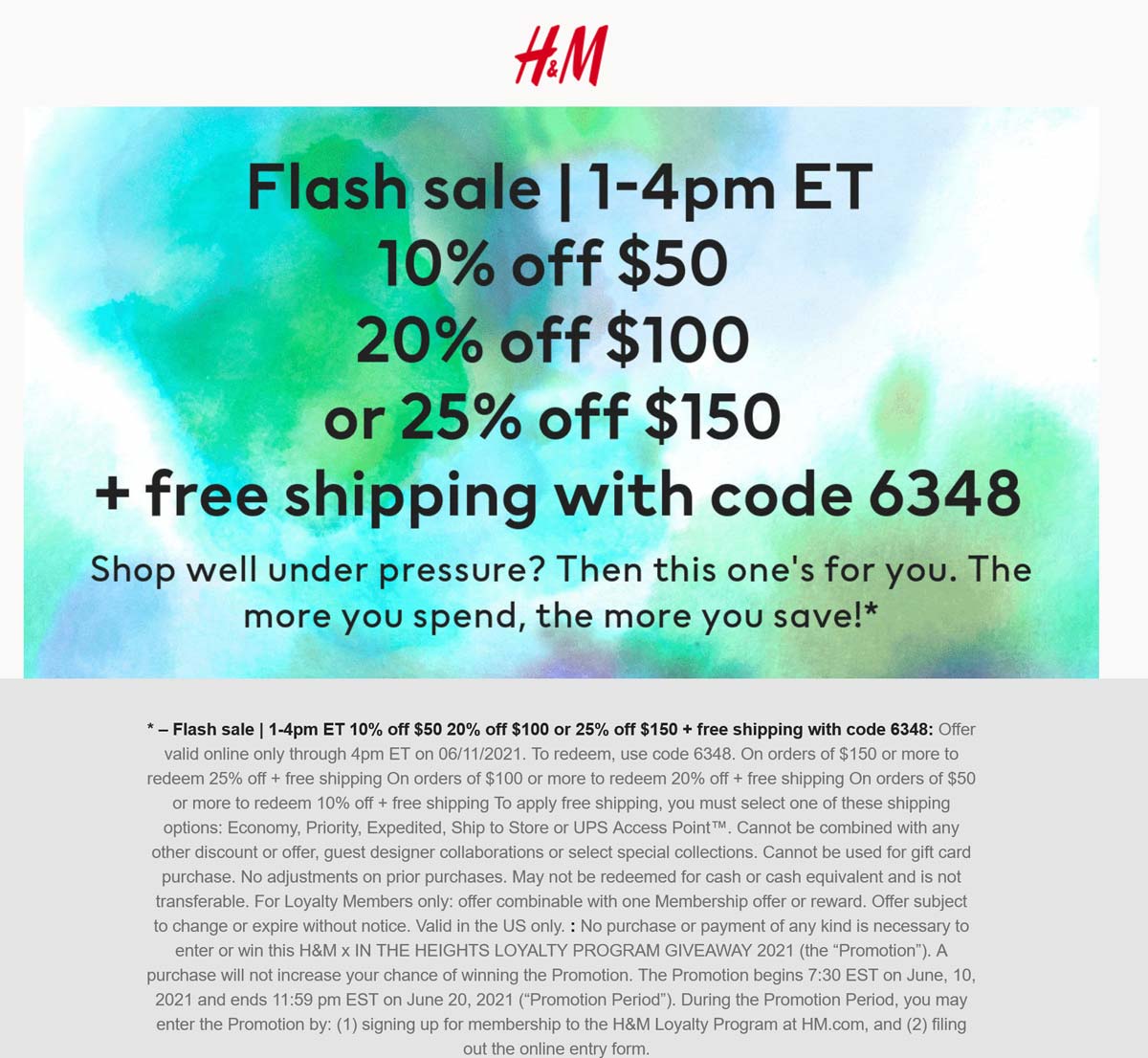 H&M stores Coupon  10-25% off $50+ til 4p today at H&M via promo code 6348 #hm 