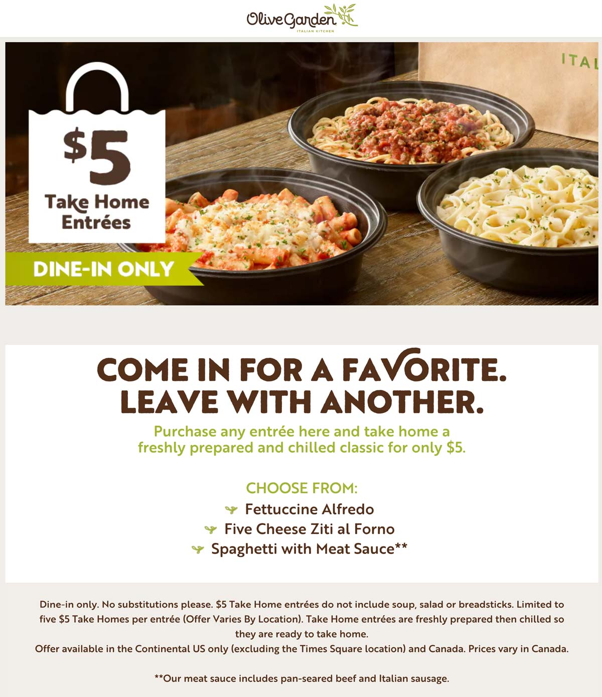 Olive Garden restaurants Coupon  $5 take home entree with dine-in at Olive Garden #olivegarden 
