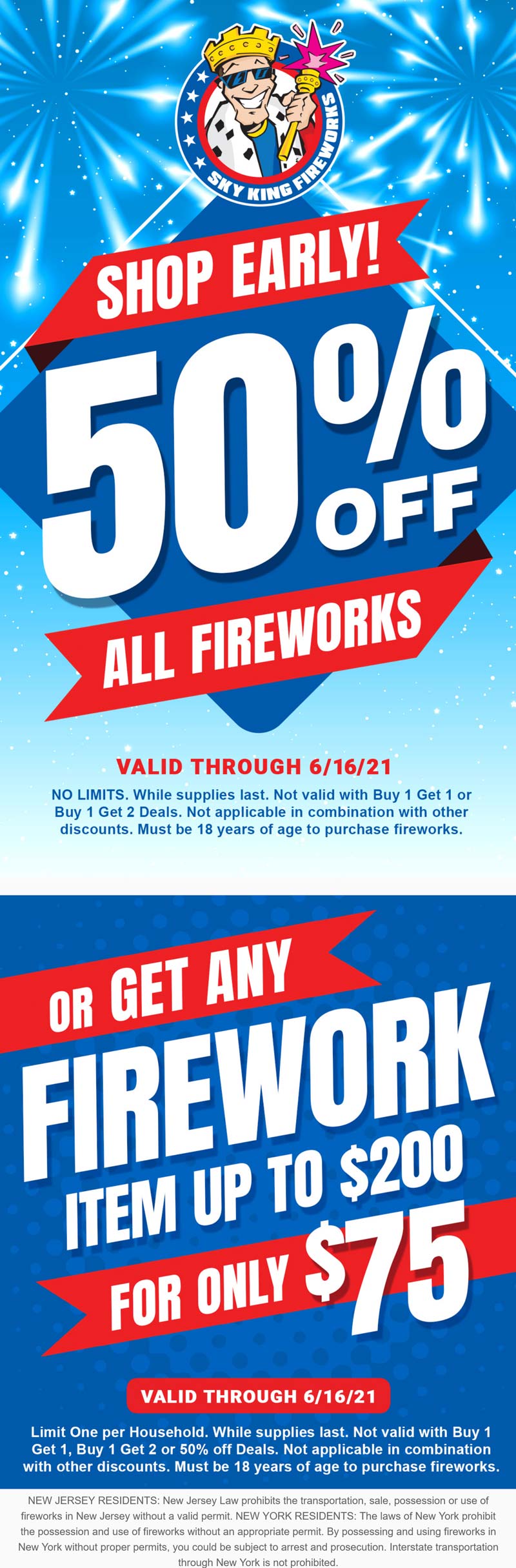 Sky King stores Coupon  50% off all fireworks & more at Sky King #skyking 