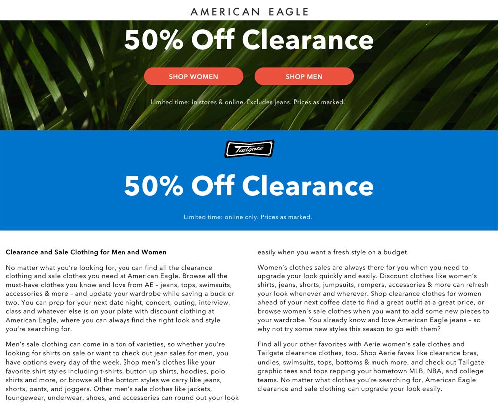 American Eagle stores Coupon  50% off clearance at American Eagle, ditto online #americaneagle 