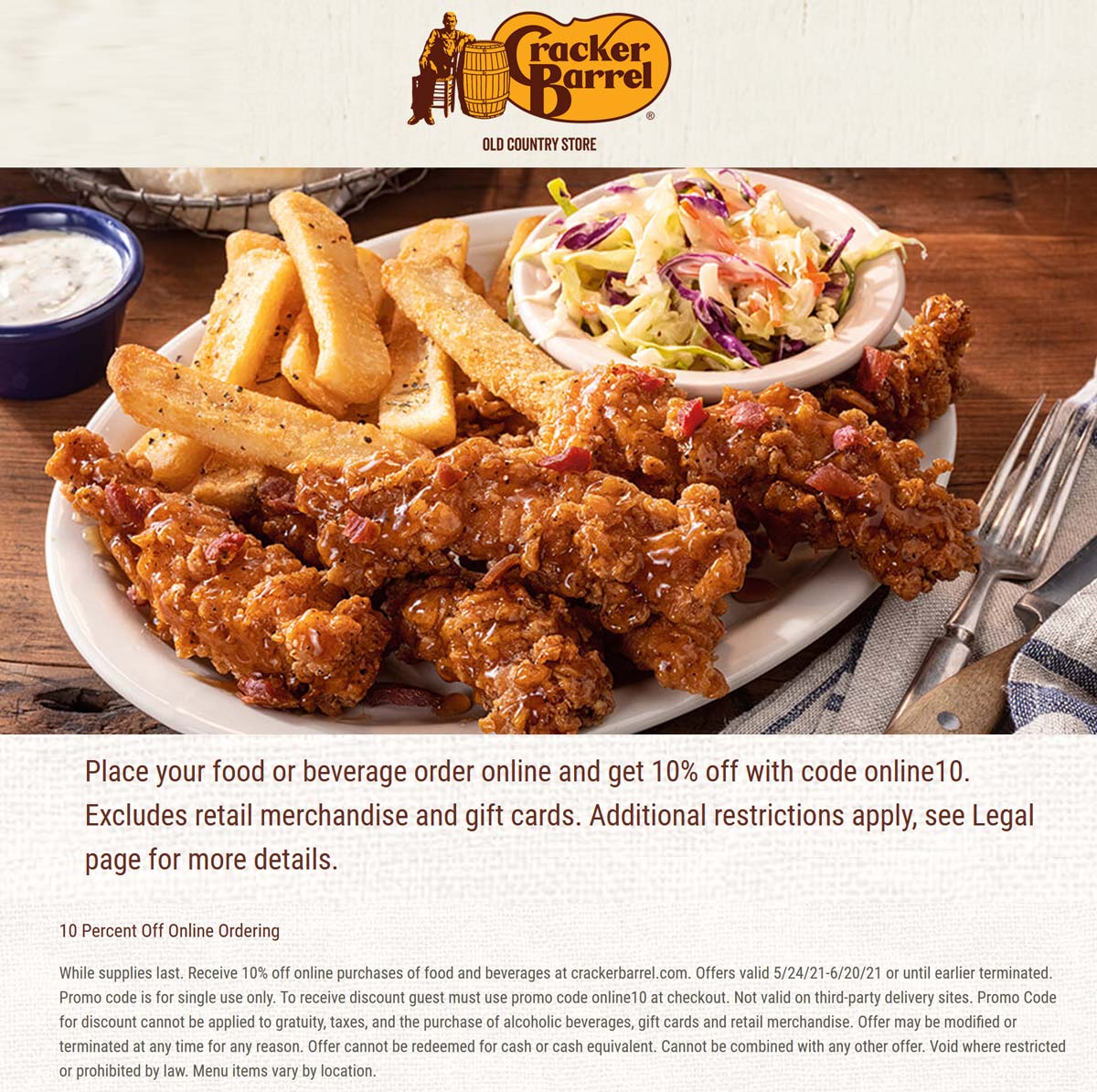 Cracker Barrel restaurants Coupon  10% off online at Cracker Barrel restaurants via promo code online10 #crackerbarrel 