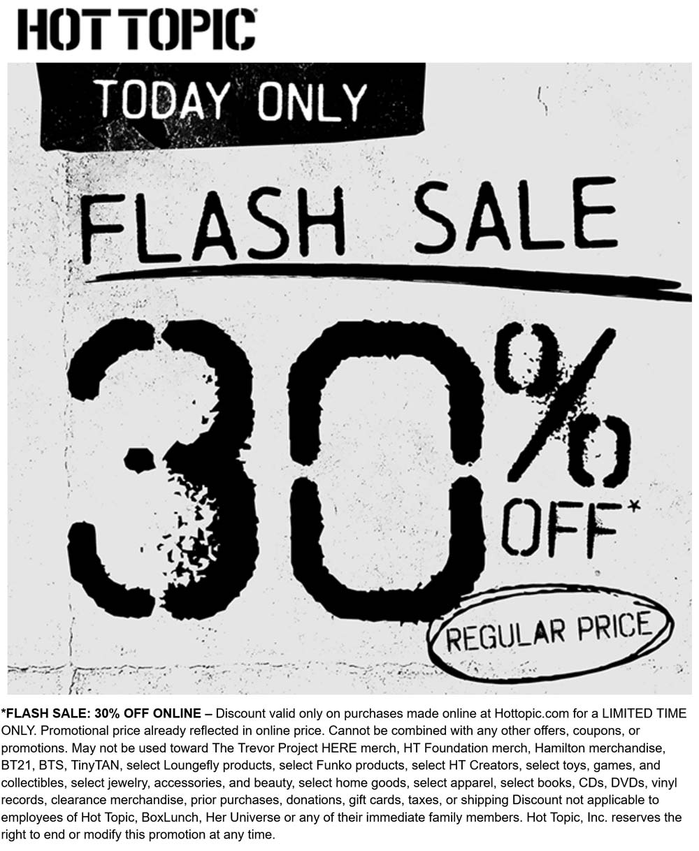 Hot Topic stores Coupon  30% off online today at Hot Topic #hottopic 