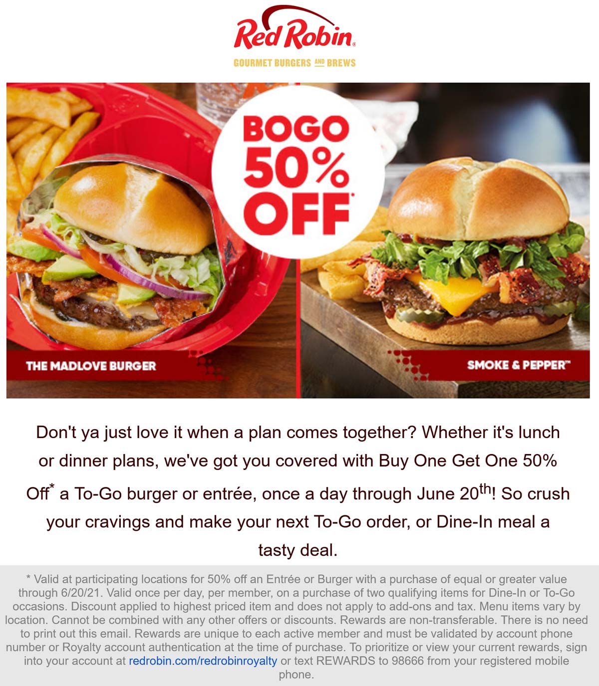 Red Robin restaurants Coupon  Second entree or burger 50% off at Red Robin #redrobin 