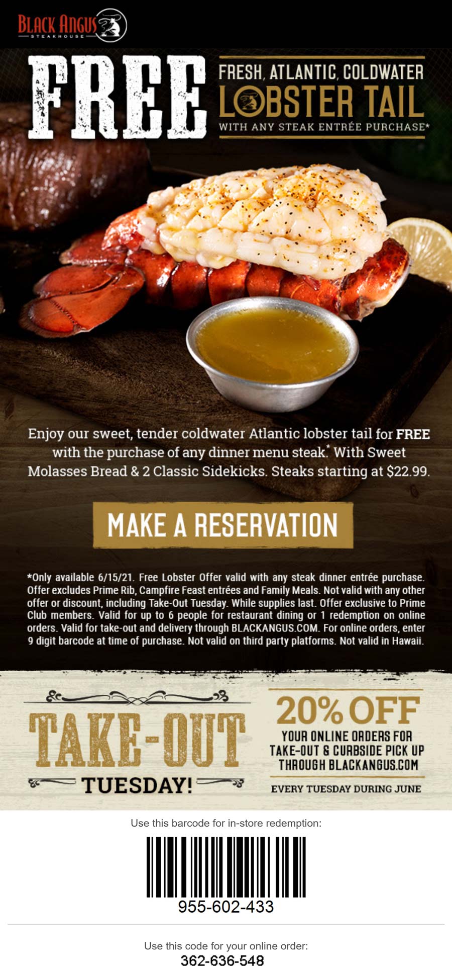 Black Angus restaurants Coupon  Free lobster tail with your steak entree today at Black Angus steakhouse #blackangus 