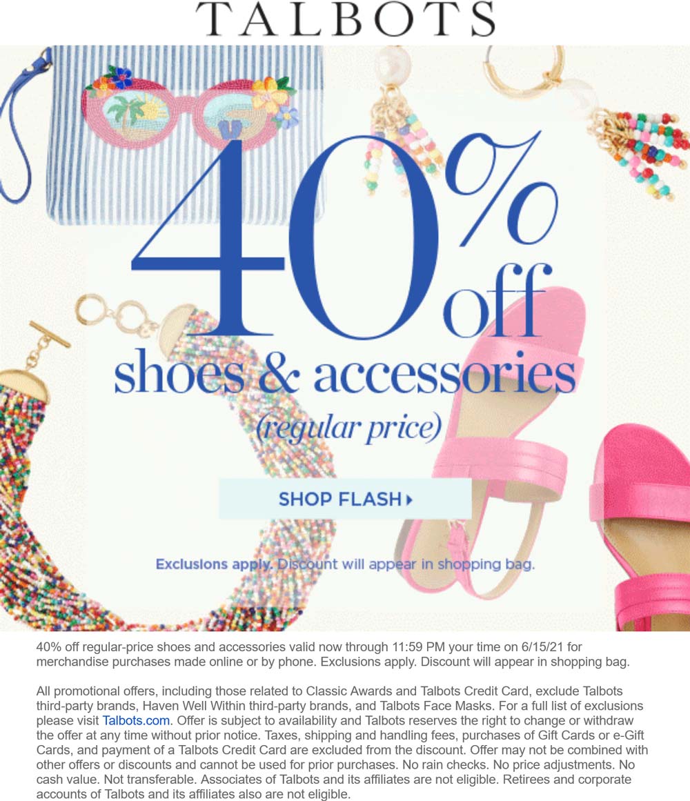 Talbots stores Coupon  40% off shoes & accessories online today at Talbots #talbots 
