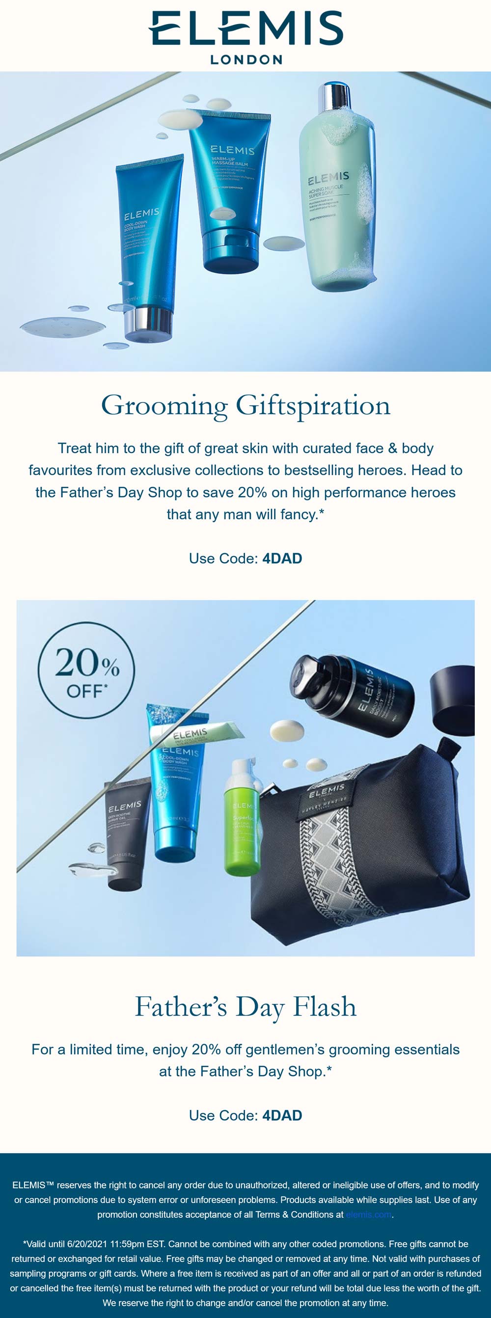 Elemis stores Coupon  20% off Fathers Day items at Elemis via promo code 4DAD #elemis 