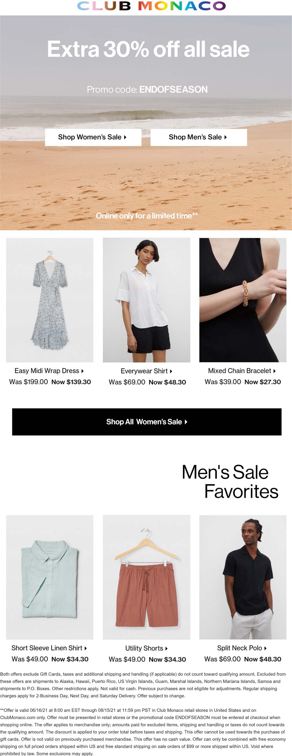 Club Monaco stores Coupon  Extra 30% off sale items at Club Monaco, or online via promo code ENDOFSEASON #clubmonaco 