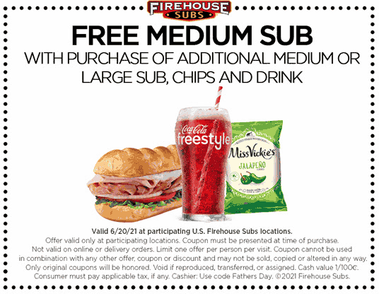 Firehouse Subs restaurants Coupon  Second sub sandwich free with your meal at Firehouse Subs #firehousesubs 