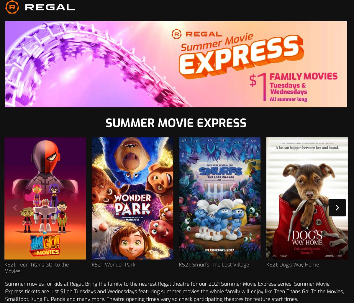 1 family movies Tues & Weds all summer at Regal Cinemas regalcinemas