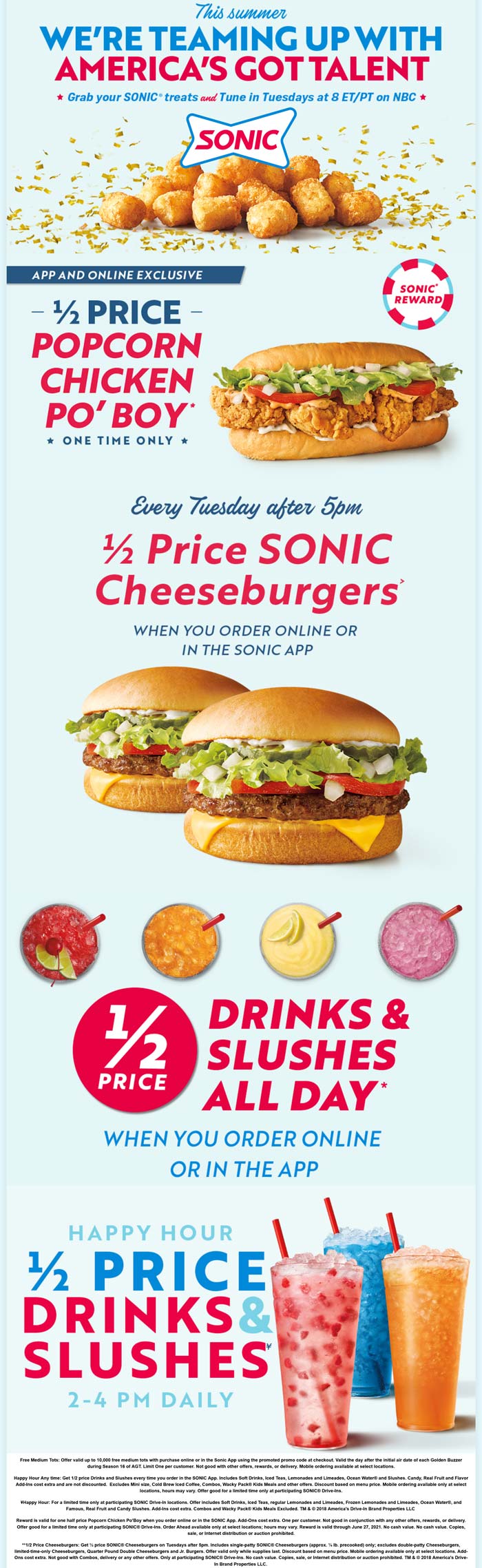 Sonic Drive-In restaurants Coupon  Free tater tots, 50% off chicken po boy sandwich or cheeseburgers & more online at Sonic Drive-In #sonicdrivein 