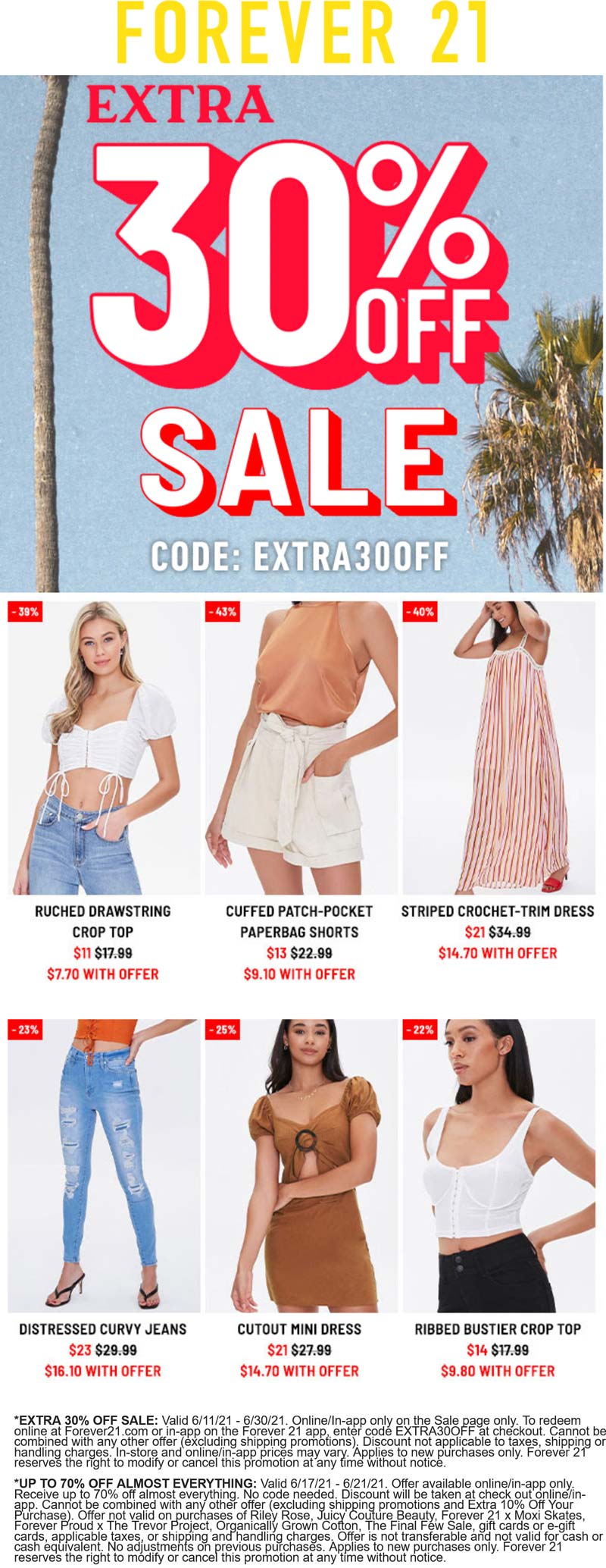 Forever 21 stores Coupon  Extra 30% off sale items online today at Forever 21 via promo code EXTRA30OFF #forever21 