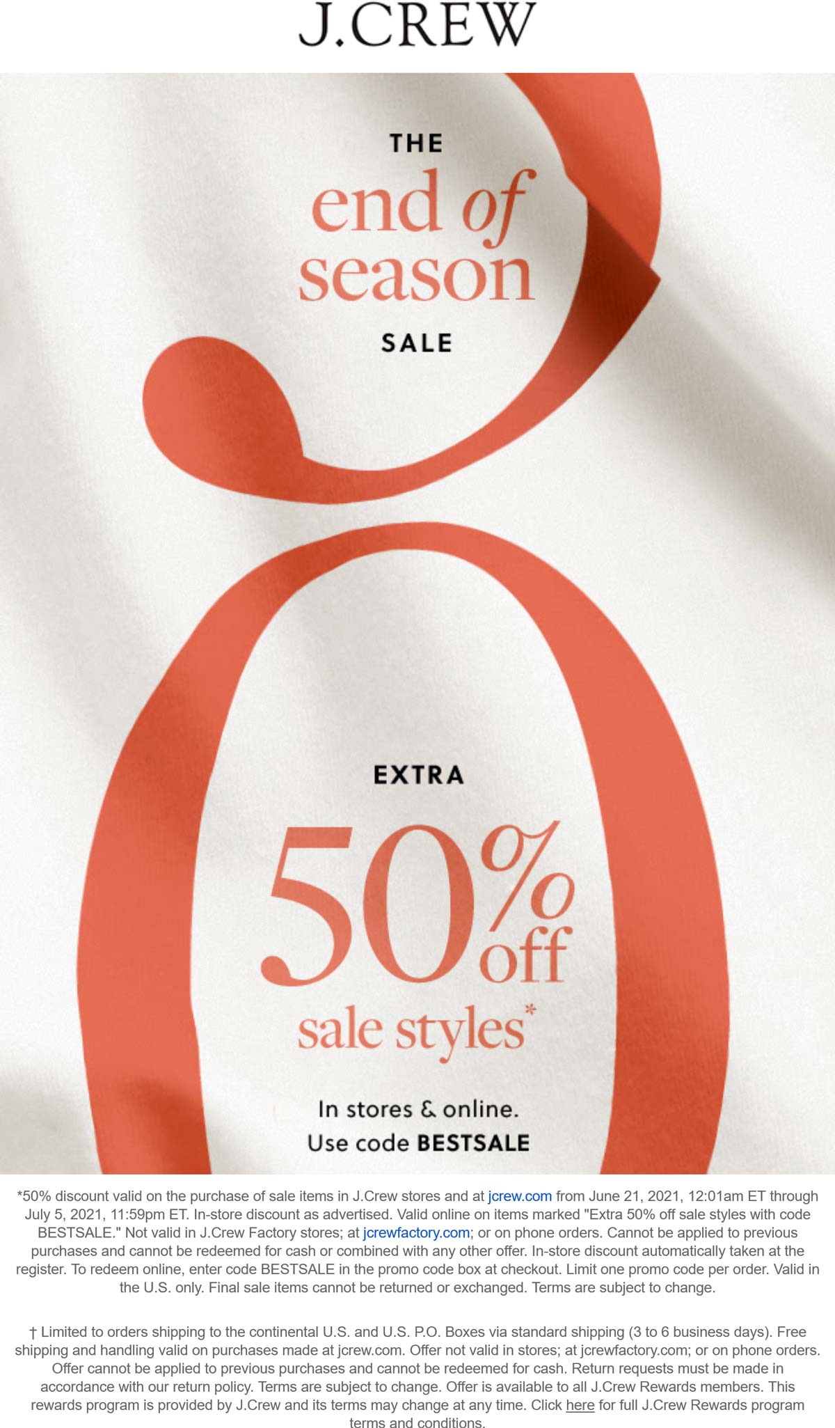 J.Crew stores Coupon  Extra 50% off sale styles at J.Crew, or online via promo code BESTSALE #jcrew 