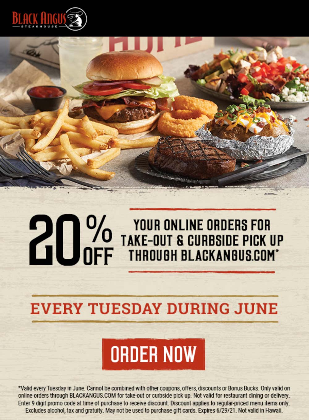 Black Angus restaurants Coupon  20% off takeout Tuesdays at Black Angus steakhouse via promo code 774-304-093 #blackangus 