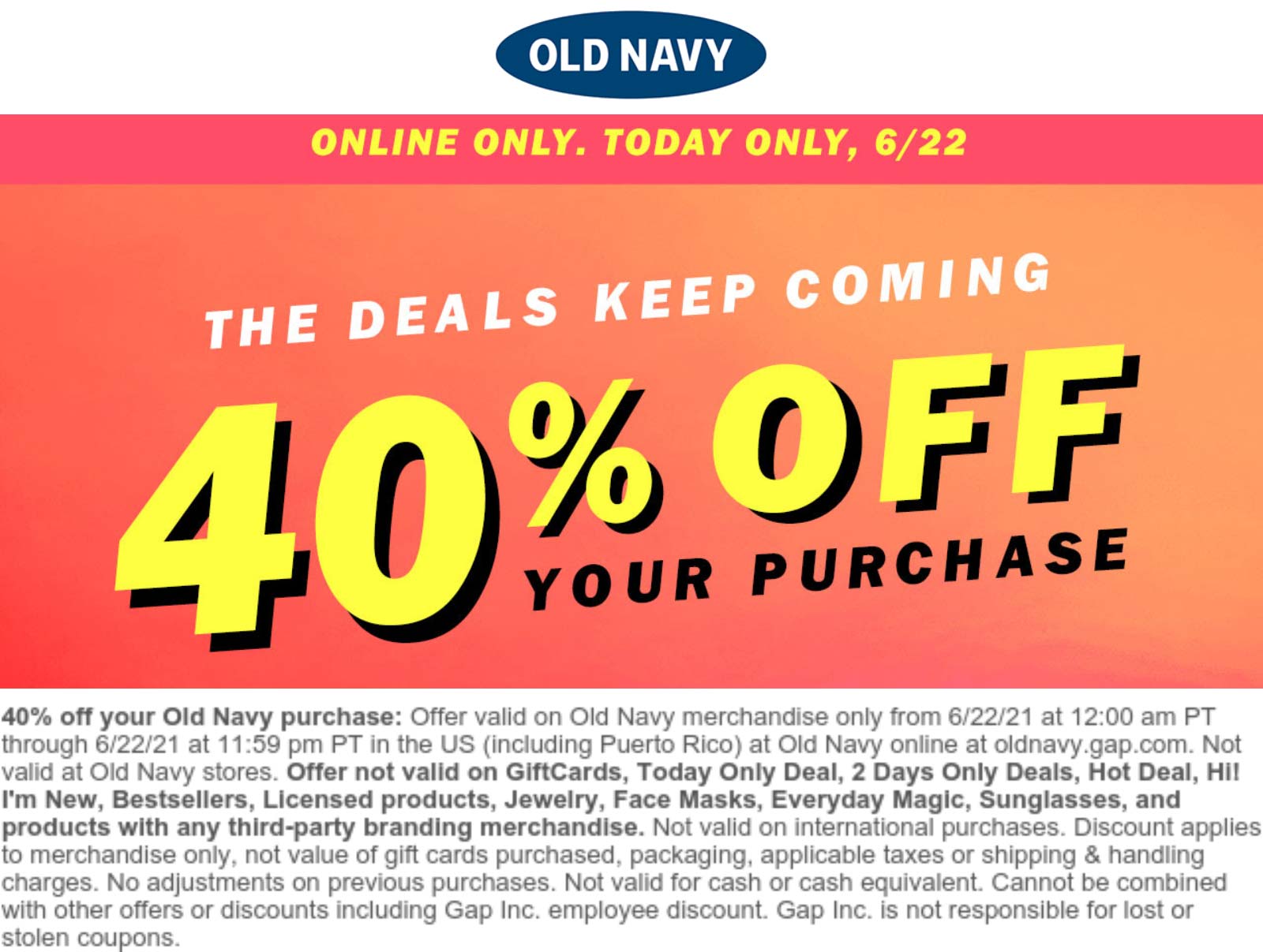 [July, 2022] 40 off online today at Old Navy oldnavy coupon & promo