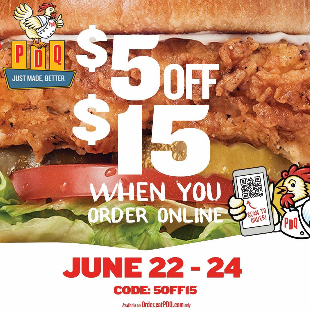 PDQ restaurants Coupon  $5 off $15 at PDQ restaurants via promo code 5OFF15 #pdq 