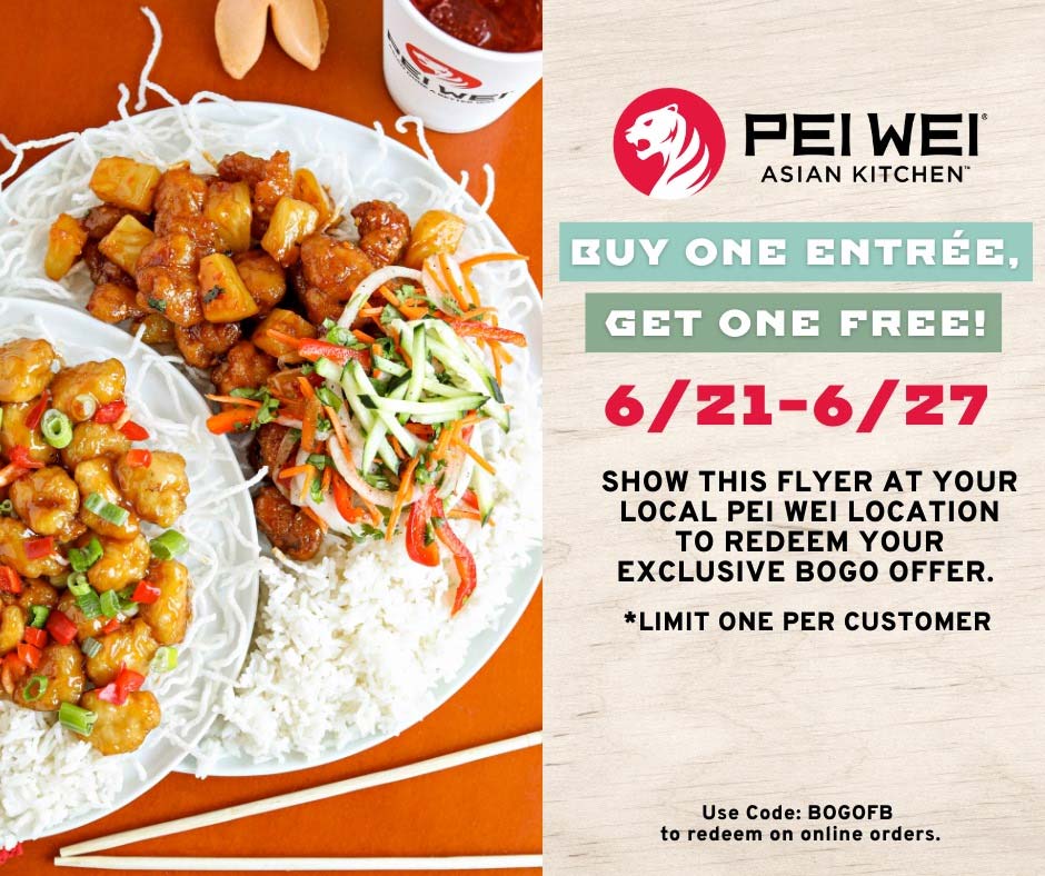 Pei Wei restaurants Coupon  Second entree free at Pei Wei, or online via promo code BOGOFB #peiwei 
