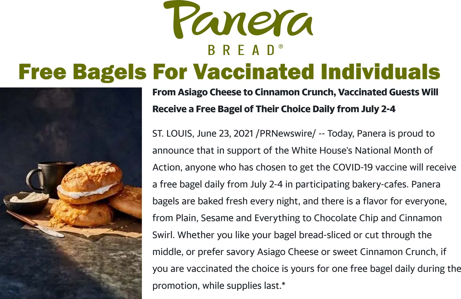 [September, 2021] Free bagels daily for vaccinated at Panera Bread