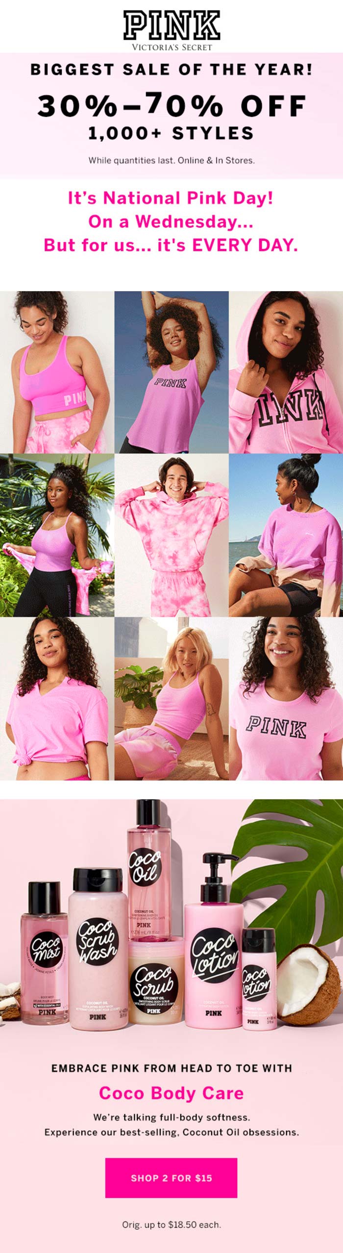 PINK stores Coupon  30-70% off at Victorias Secret PINK, ditto online #pink 