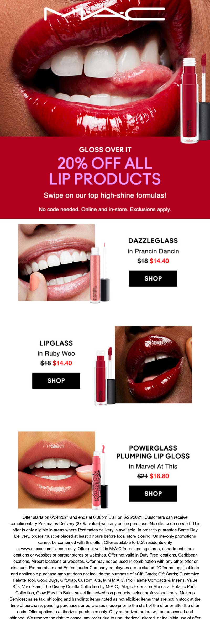 MAC stores Coupon  20% off all lip products at MAC cosmetics, ditto online #mac 